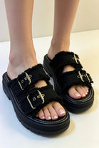 Wholesale Black Frayed Canvas Double-Buckle Sandals