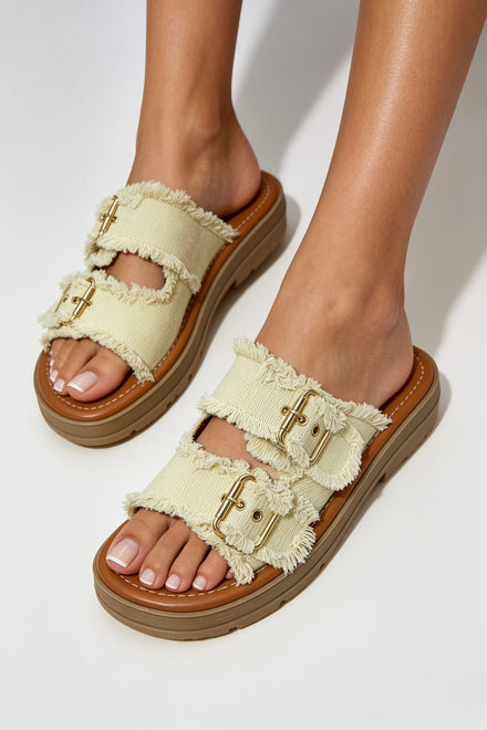 Wholesale Yellow Frayed Canvas Double-Buckle Sandals