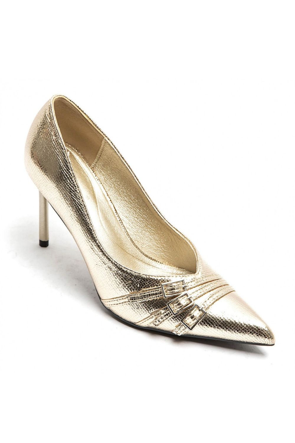 Gold Metallic Pointed Toe Triple Buckle Court Heels | Wholesale