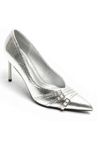 Silver Metallic Pointed Toe Triple Buckle Court Heels | Wholesale