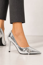 Silver Metallic Pointed Toe Triple Buckle Court Heels | Wholesale