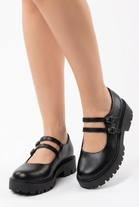 Women's Double Slim-Strap Lug-Sole Mary Jane Flats – Black Pu