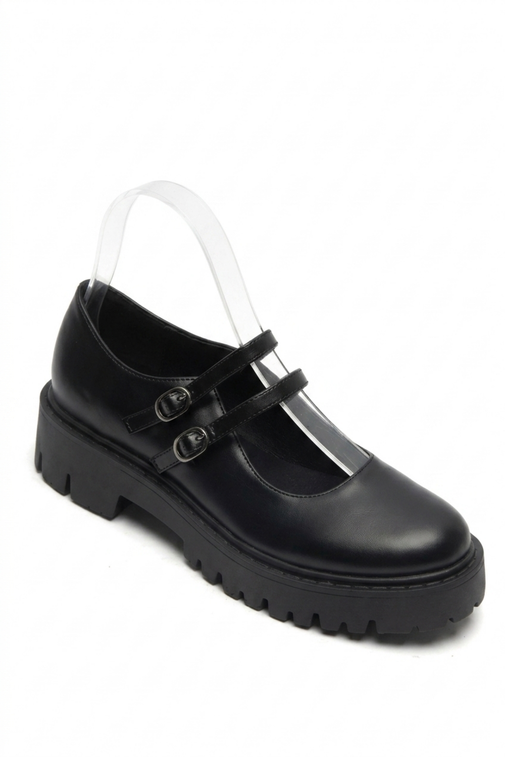 Women's Double Slim-Strap Lug-Sole Mary Jane Flats – Black Pu