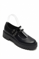 Women's Double Slim-Strap Lug-Sole Mary Jane Flats – Black Pu