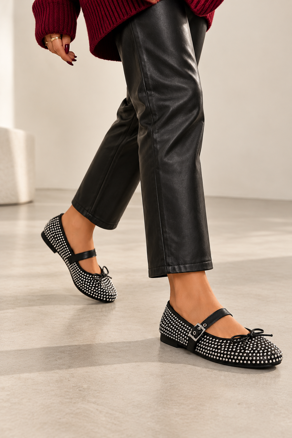Black Silver Studded Mary Jane Ballet Shoes | Wholesale