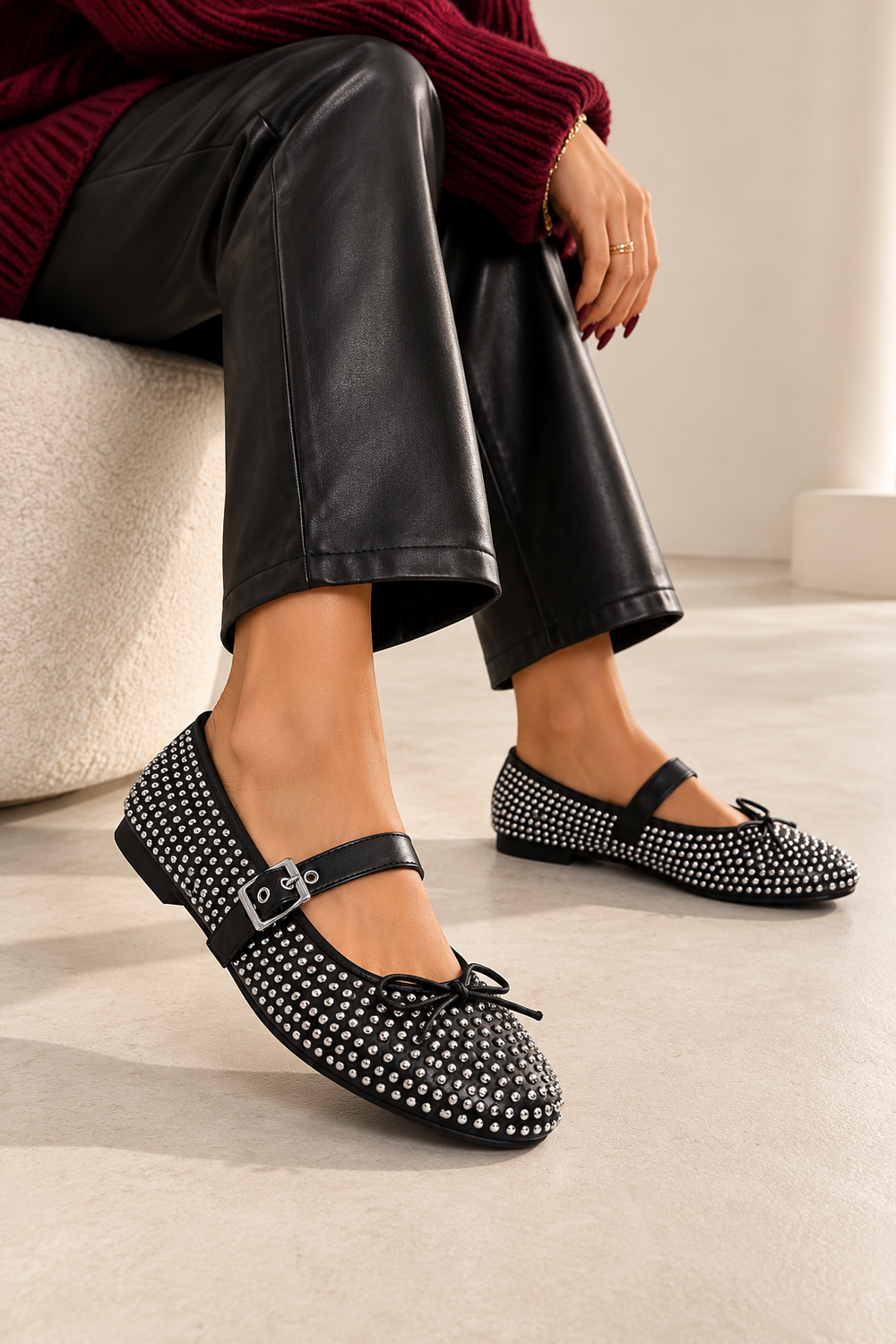 Black Silver Studded Mary Jane Ballet Shoes | Wholesale
