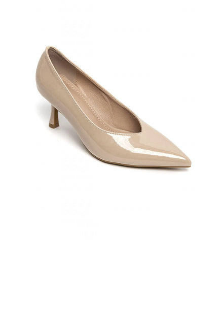 LADIES BEIGE PATENT LOW HEELED PARTY COURT SHOES SANDALS KITTEN PUMPS