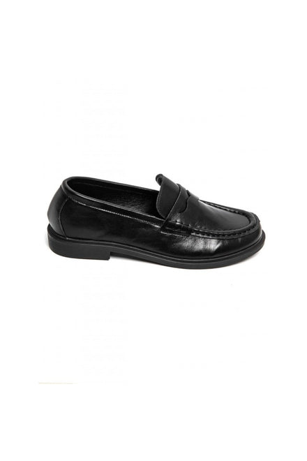 BLACK SLIP ON FAUX LEATHER ROUND TOE LOAFERS