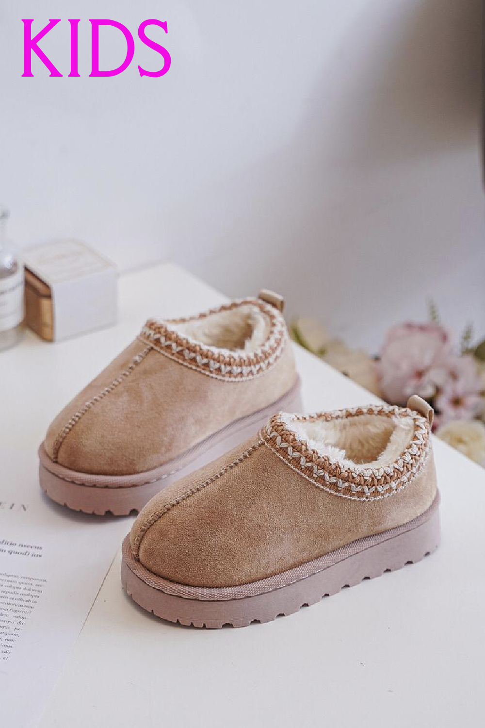 KIDS EMBROIDERY DETAIL FAUX FUR LINING LOW PLATFORM SLIPPERS IN DARK BEIGE 25-30 SIZES