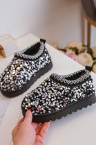 KIDS SEQUIN DETAIL FAUX FUR LINING SLIPPERS IN SILVER 31-36 SIZES