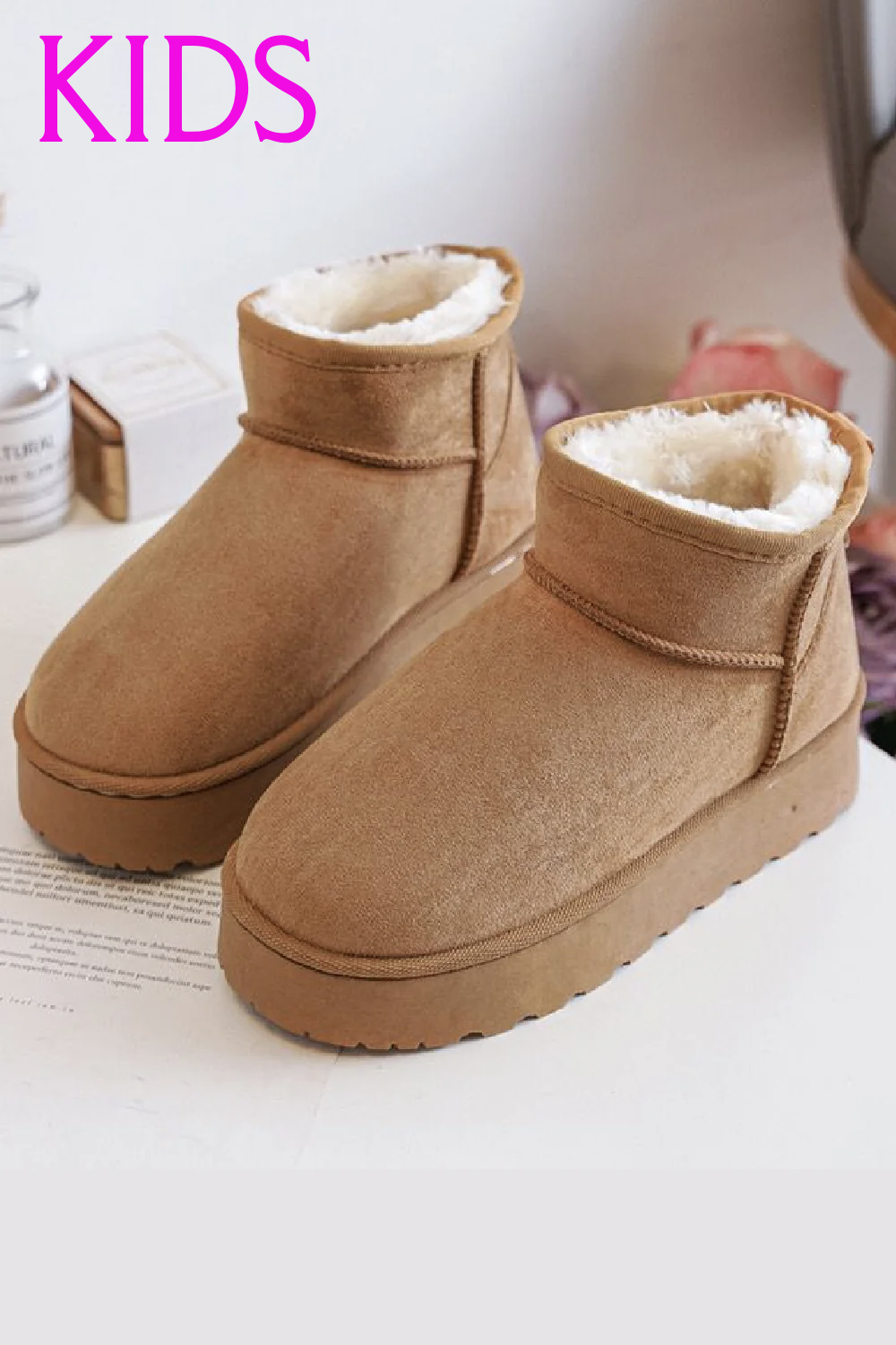 KIDS CAMEL FLUFFY PLATFORM FAUX FUR LINED ANKLE BOOTS 25/30 SIZES