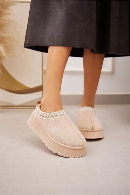 BEIGE FLUFFY PLATFORM SLIPPERS FAUX FUR LINED ANKLE BOOTS