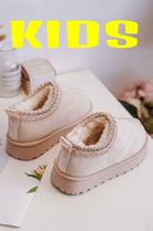 KIDS EMBROIDERY DETAIL FAUX FUR LINING SLIPPERS IN BEIGE 25-30 SIZES