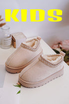 KIDS EMBROIDERY DETAIL FAUX FUR LINING SLIPPERS IN BEIGE 25-30 SIZES