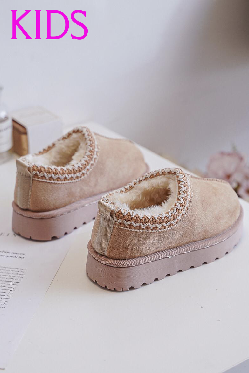 KIDS EMBROIDERY DETAIL FAUX FUR LINING LOW PLATFORM SLIPPERS IN DARK BEIGE 25-30 SIZES
