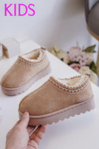 KIDS EMBROIDERY DETAIL FAUX FUR LINING LOW PLATFORM SLIPPERS IN DARK BEIGE 25-30 SIZES