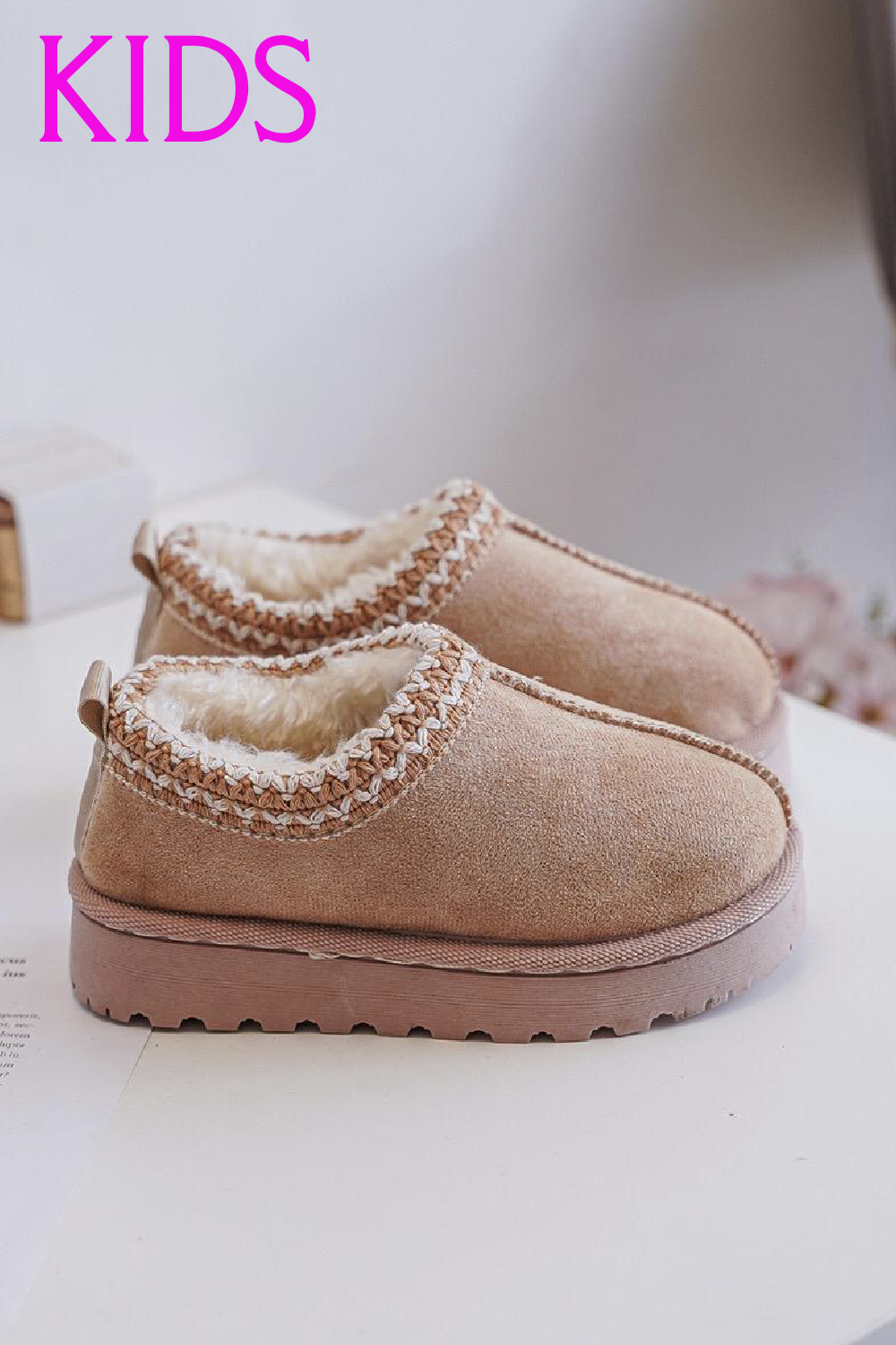 KIDS EMBROIDERY DETAIL FAUX FUR LINING LOW PLATFORM SLIPPERS IN DARK BEIGE 25-30 SIZES