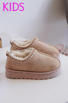 KIDS EMBROIDERY DETAIL FAUX FUR LINING LOW PLATFORM SLIPPERS IN DARK BEIGE 25-30 SIZES
