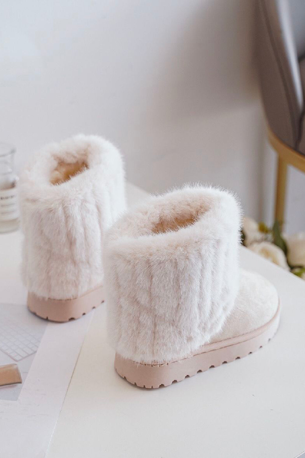 KIDS FOLDED OVER FLUFFY FAUX FUR LINING ANKLE BOOTS IN BEIGE 31 36 SIZ No Doubt Shoes