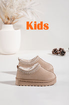 KIDS EMBROIDERY DETAIL FAUX FUR LINING LOW PLATFORM SLIPPERS IN BEIGE 25-30 SIZES