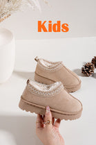 KIDS EMBROIDERY DETAIL FAUX FUR LINING LOW PLATFORM SLIPPERS IN BEIGE 25-30 SIZES