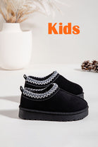 KIDS BLACK EMBROIDED FLUFFY FAUX FUR LOW PLATFORM SLIPPERS 31/36