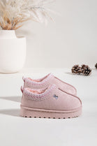 KIDS EMBROIDERY DETAIL FAUX FUR LINING SLIPPERS IN PINK 21-24 SIZES