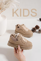 KIDS FLUFFY COSY BEIGE LACE UP FLAT FAUX FUR LINED TRAINERS WINTER 31/36 SIZES