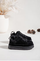 KIDS FLUFFY COSY BLACK LACE UP FLAT FAUX FUR LINED TRAINERS WINTER 31/36 SIZES