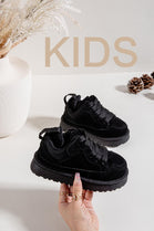 KIDS FLUFFY COSY BLACK LACE UP FLAT FAUX FUR LINED TRAINERS WINTER 31/36 SIZES