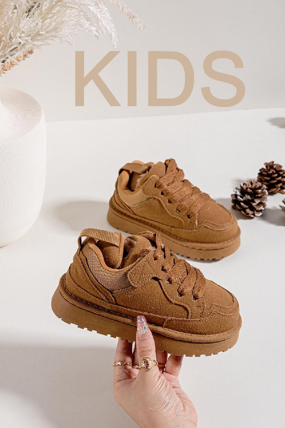 KIDS FLUFFY COSY CAMEL LACE UP FLAT FAUX FUR LINED TRAINERS WINTER 25/30 SIZES