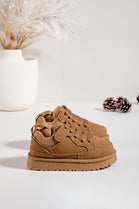 KIDS FLUFFY COSY CAMEL LACE UP FLAT FAUX FUR LINED TRAINERS WINTER 25/30 SIZES