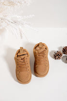 KIDS FLUFFY COSY CAMEL LACE UP FLAT FAUX FUR LINED TRAINERS WINTER 25/30 SIZES