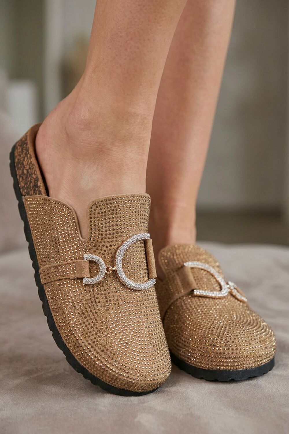 Sparkle Crystal Camel Suede Slip-On Clog Mules