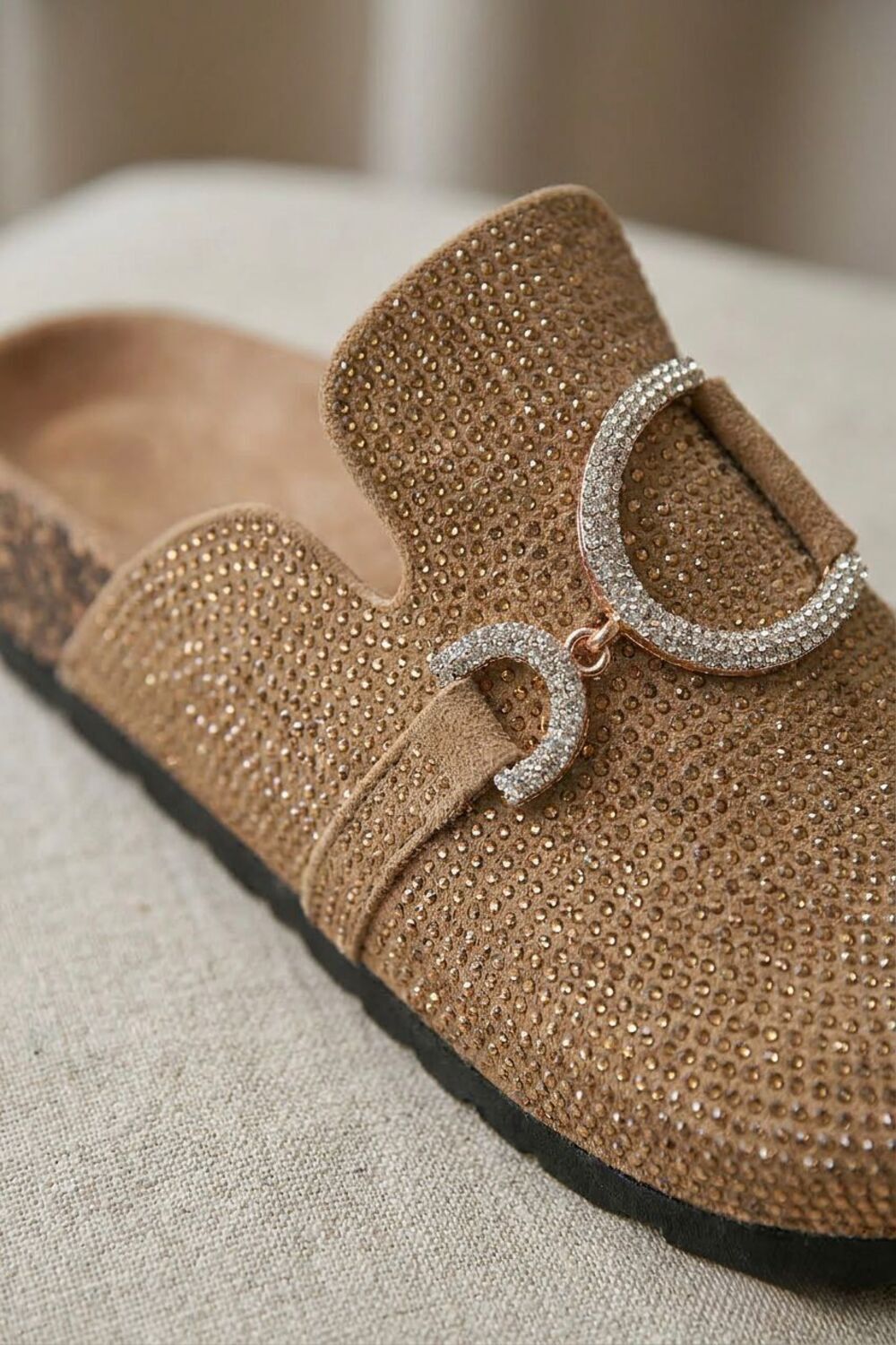 Sparkle Crystal Camel Suede Slip-On Clog Mules