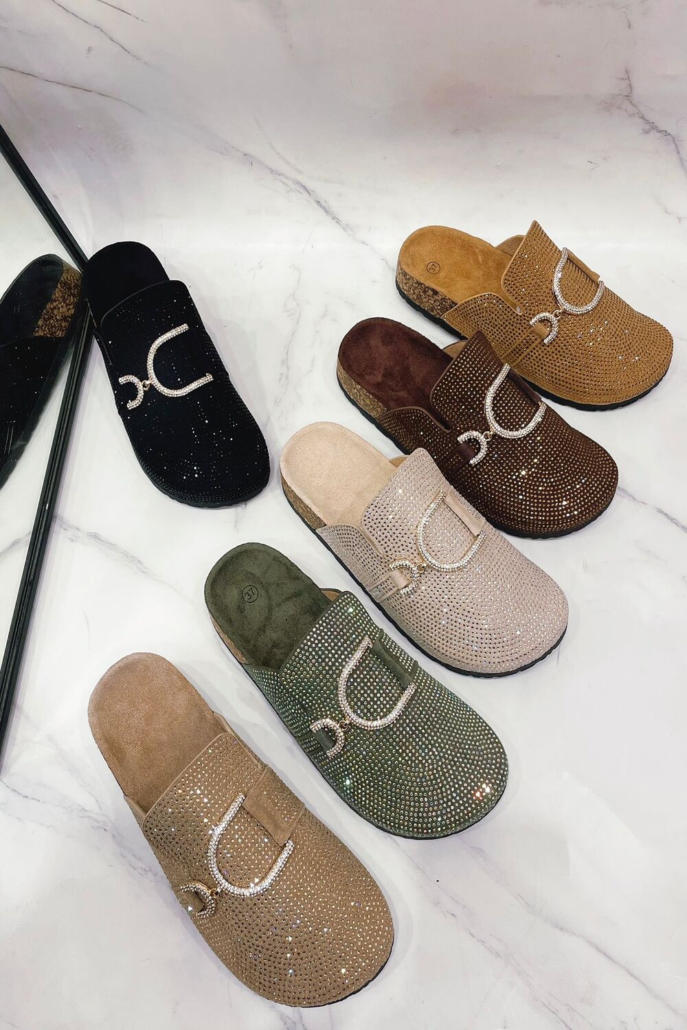 Sparkle Crystal Black Suede Slip-On Clog Mules