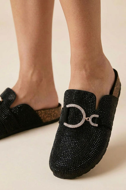 Sparkle Crystal Black Suede Slip-On Clog Mules