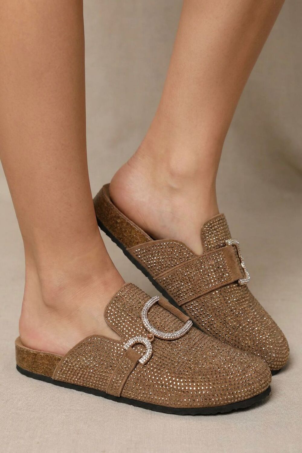 Sparkle Crystal Khaki Suede Slip-On Clog Mules
