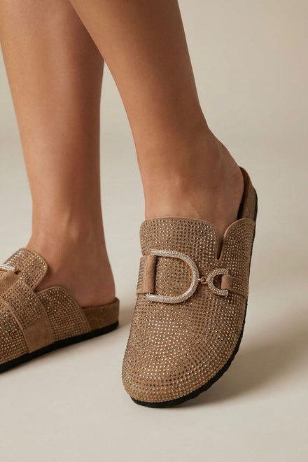 Sparkle Crystal Khaki Suede Slip-On Clog Mules