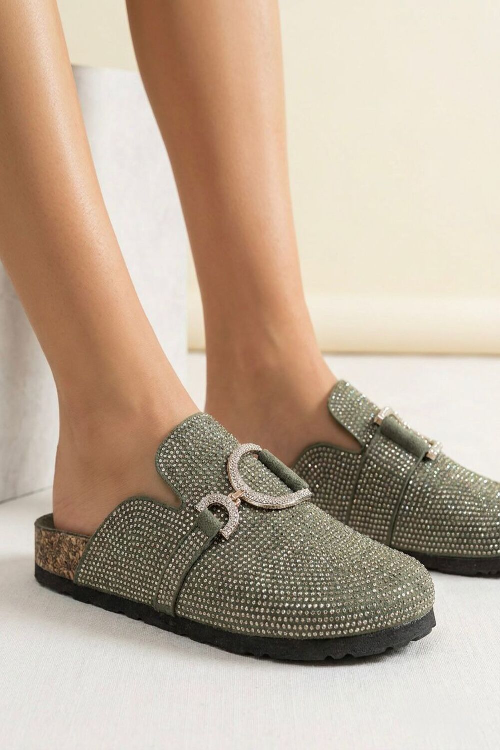 Sparkle Crystal Green Suede Slip-On Clog Mules