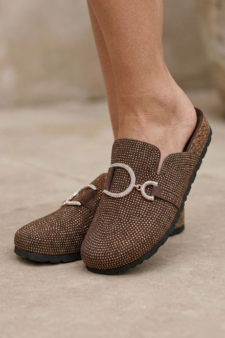 Sparkle Crystal Brown Suede Slip-On Clog Mules
