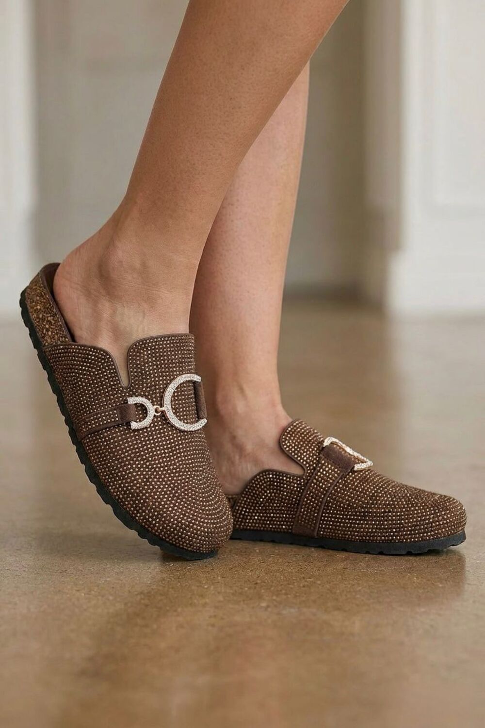 Sparkle Crystal Brown Suede Slip-On Clog Mules