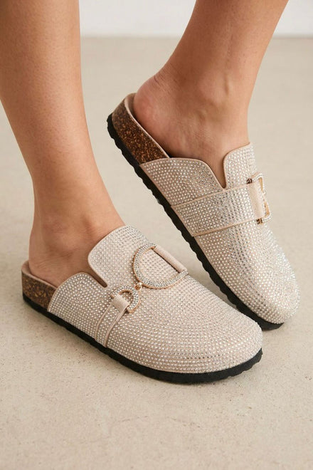 Sparkle Crystal Beige Suede Slip-On Clog Mules