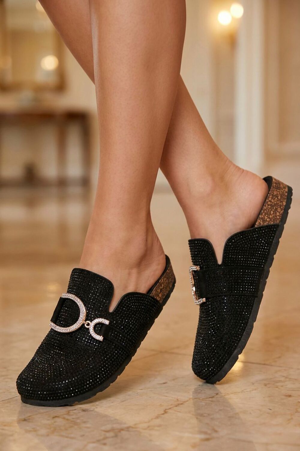 Sparkle Crystal Black Suede Slip-On Clog Mules