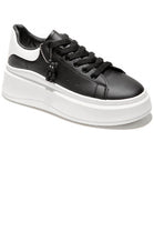 BLACK PU LACE UP TAB DETAIL CHUNKY FLAT TRAINERS SNEAKERS