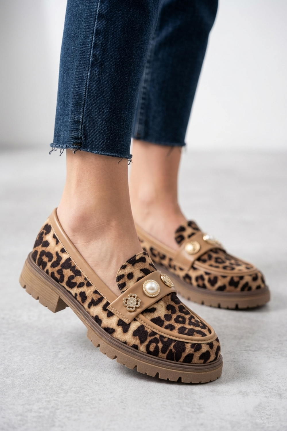 Women's Leopard Print Lug Sole Loafers with Embellished Strap