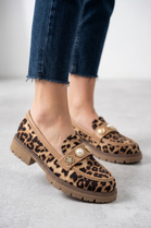 Women's Leopard Print Lug Sole Loafers with Embellished Strap