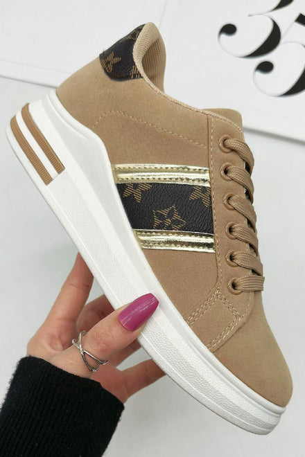 KHAKI LACE UP STRIPED TAB DETAIL CHUNKY FLAT TRAINERS