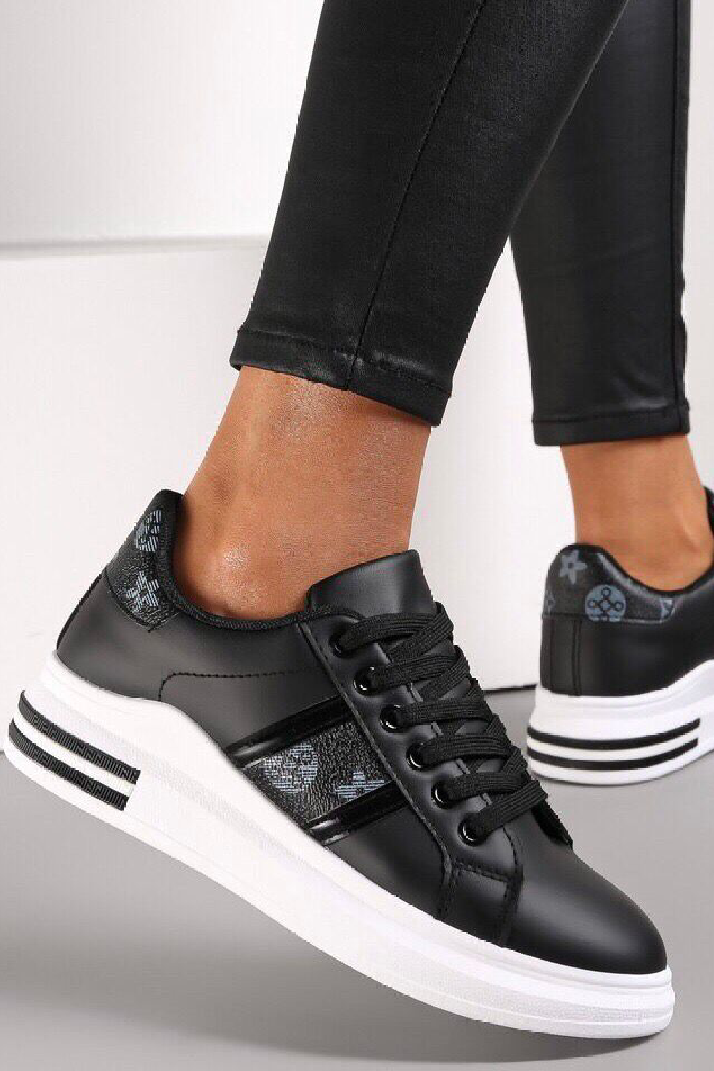 BLACK LACE UP STRIPED TAB DETAIL CHUNKY FLAT TRAINERS
