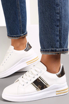 WHITE LACE UP STRIPED TAB DETAIL CHUNKY FLAT TRAINERS